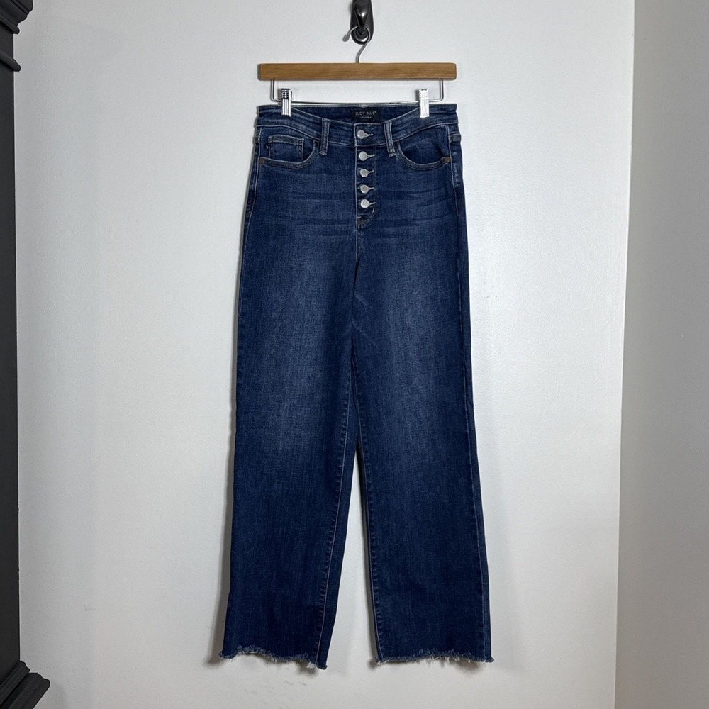 Judy Blue Womens Wide Leg Jeans Size 7/28 Dark Wash High Rise Button Fly Raw Hem